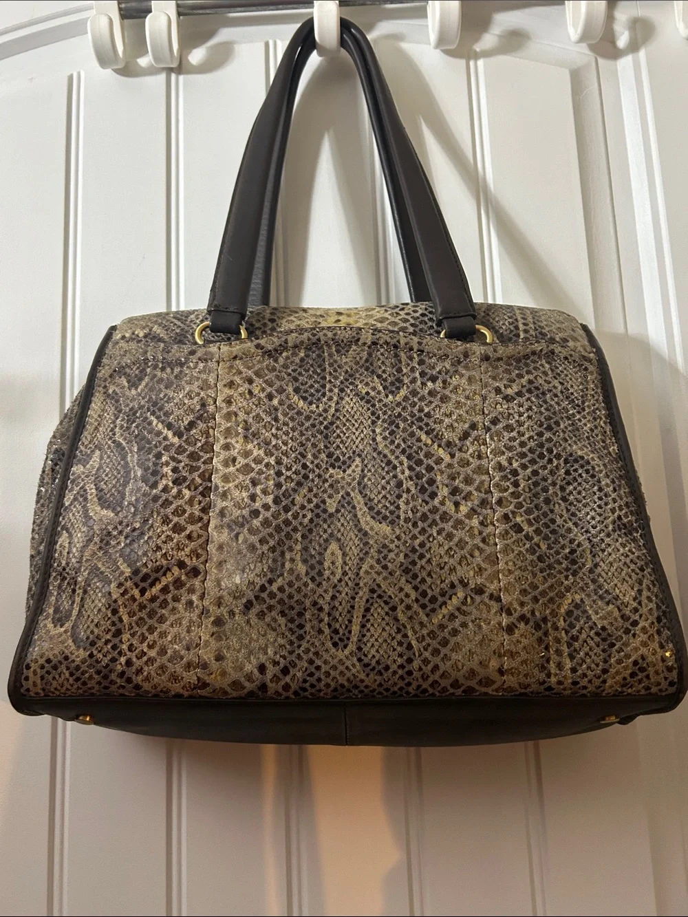 Tahari Brown Snake-Print Satchel with Black Handles